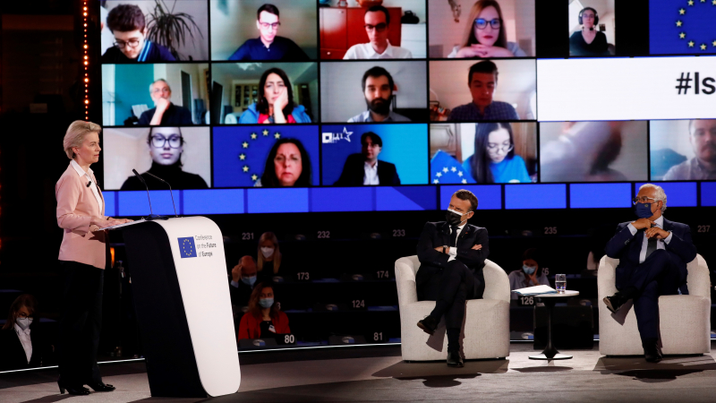 Inauguračné podujatie Konferencie o budúcnosti Európy. [EPA-EFE/Julien Warnand]